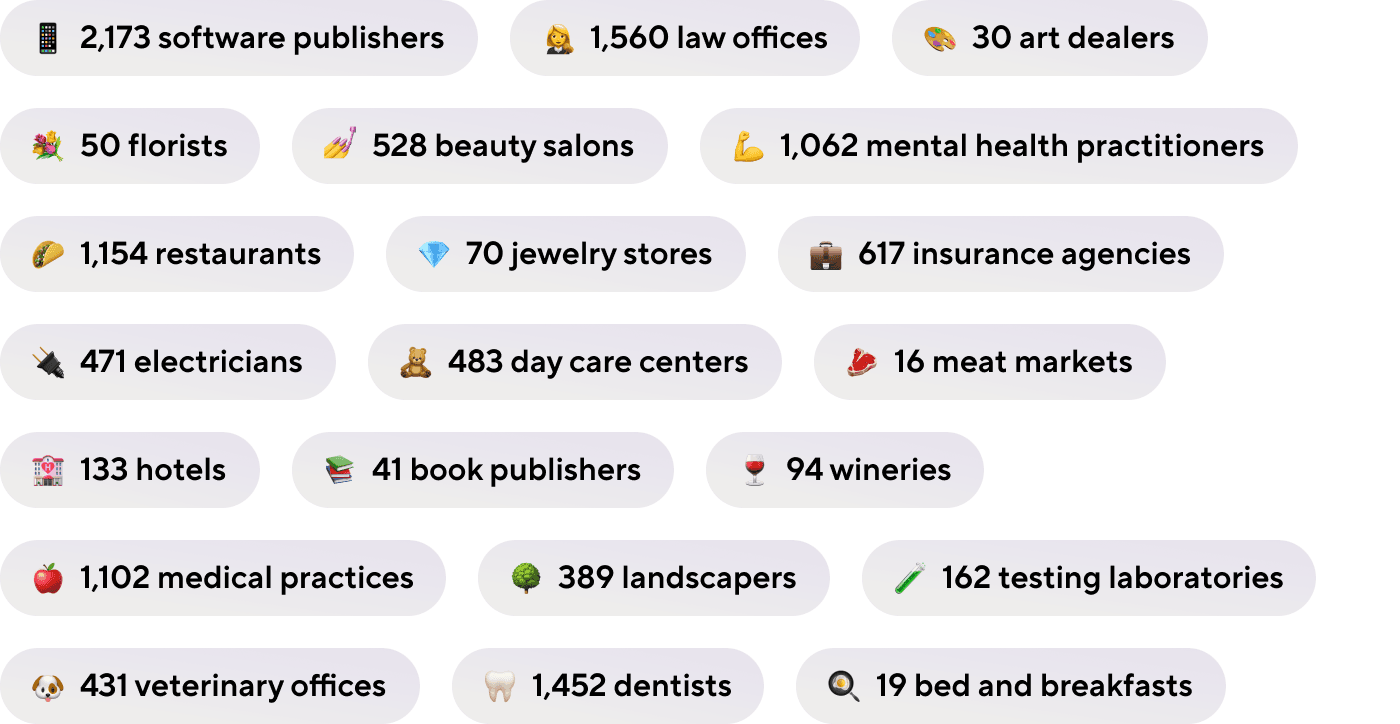 2,173 software publishers, 1,560 law offices, 30 art dealers, 50 florists, 528 beauty salons, 1,062 mental health practitioners, 1,154 restaurants, 70 jewelry stores, 617 insurance agencies, 471 electricians, 483 day care centers, 16 meat markets, etc.