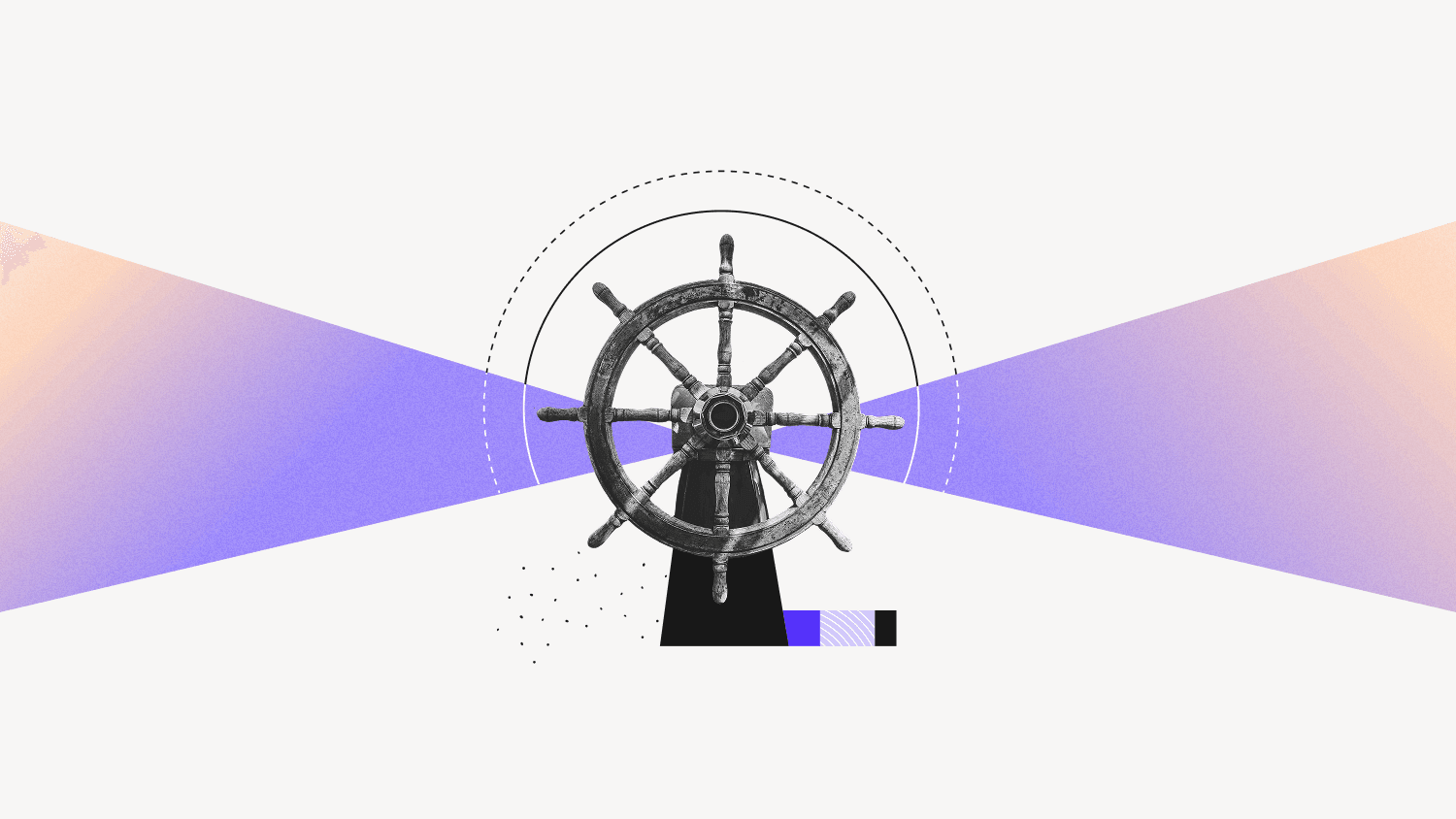 An image of the wheel of a ship with colored lights beaming in either direction.