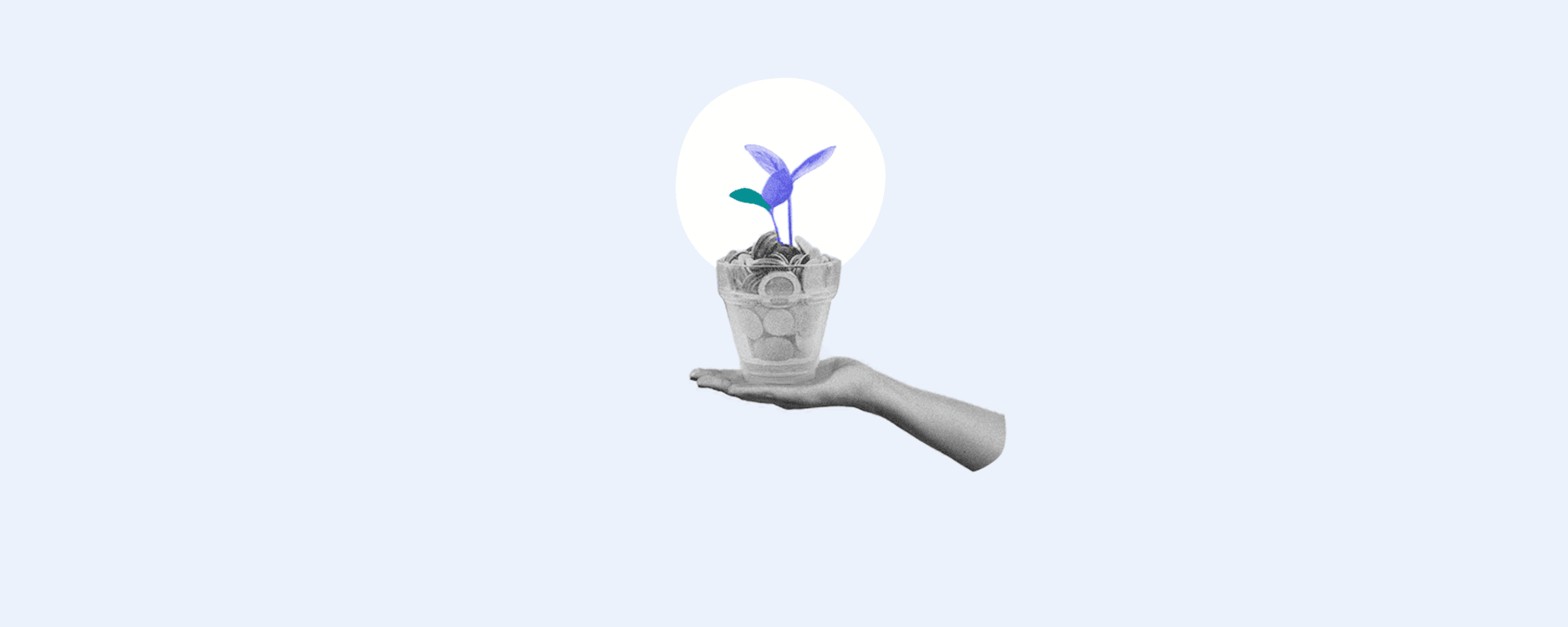 Illustration of hand holding plant pot with coins