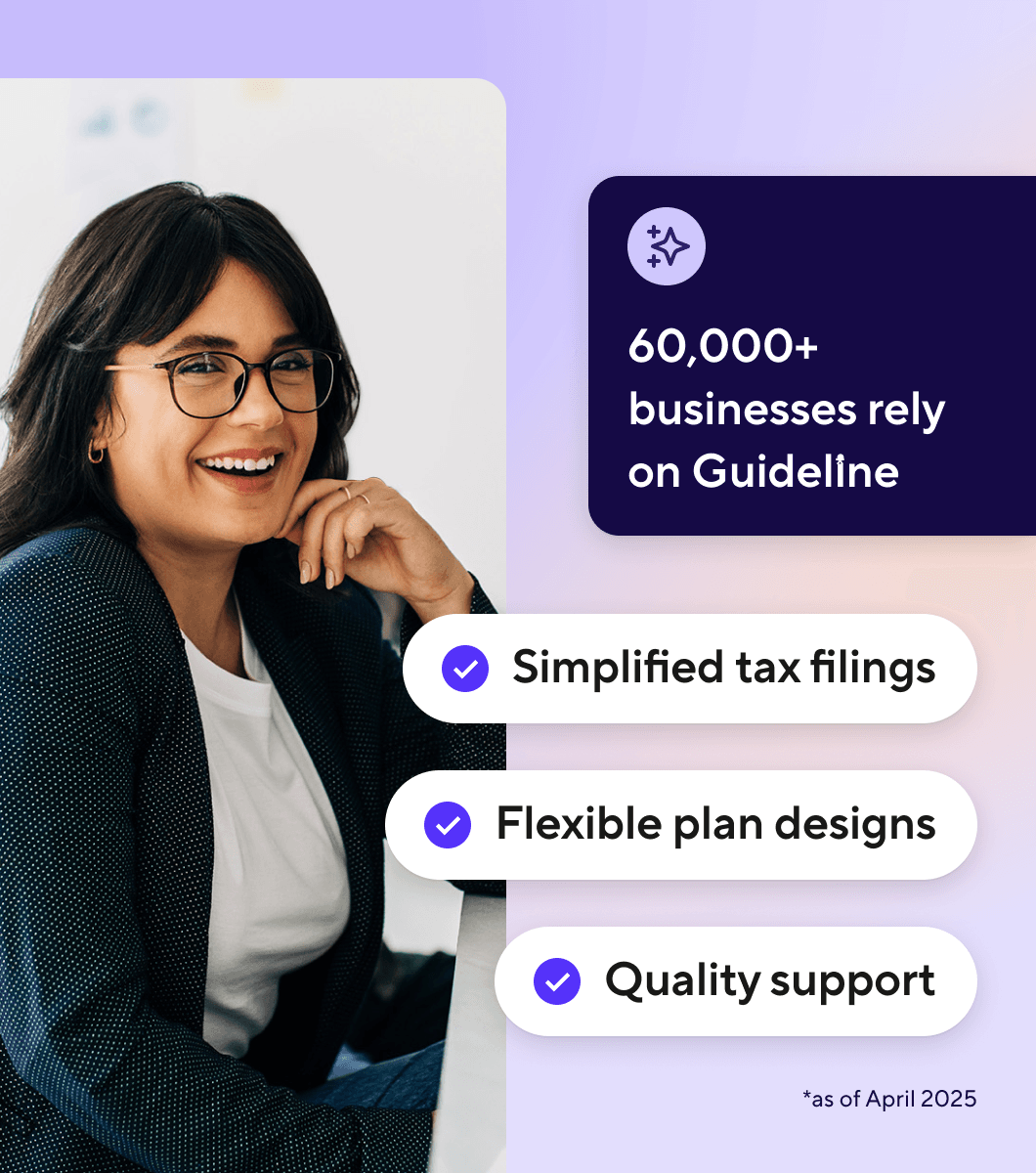 60,000 businesses rely on Guideline -- simplified tax filings, flexible plan designs, quality support