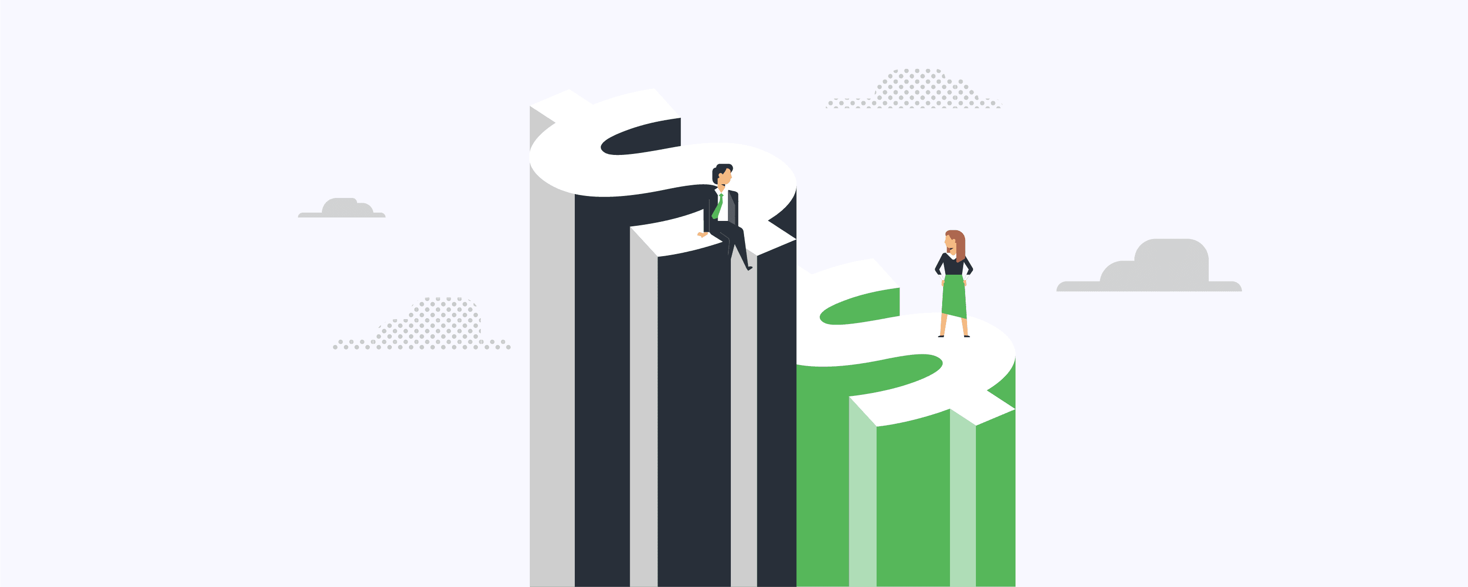 Illustration of employees standing on currency signs