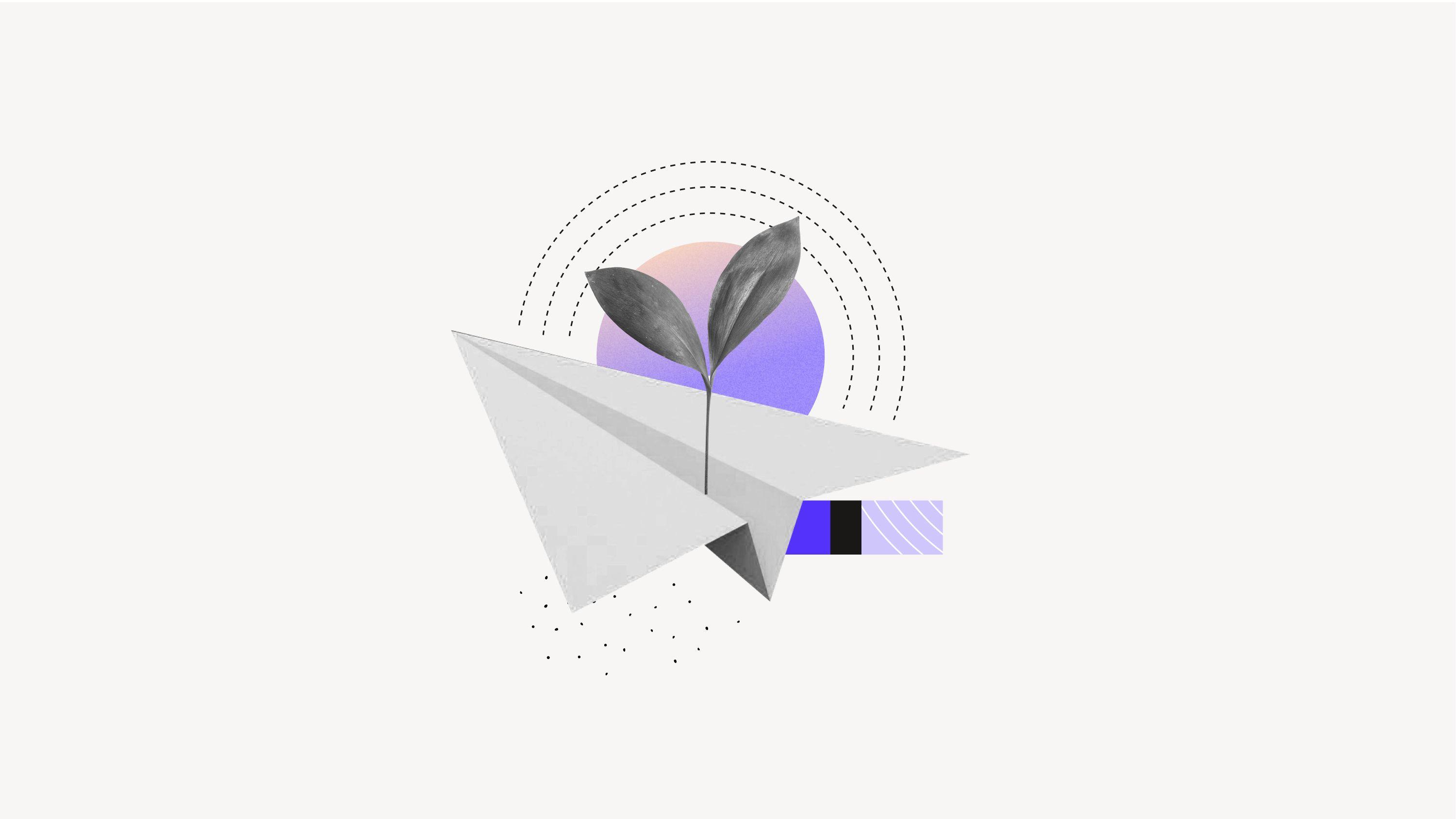 paper airplane with leaf growing out of it on a white and purple background