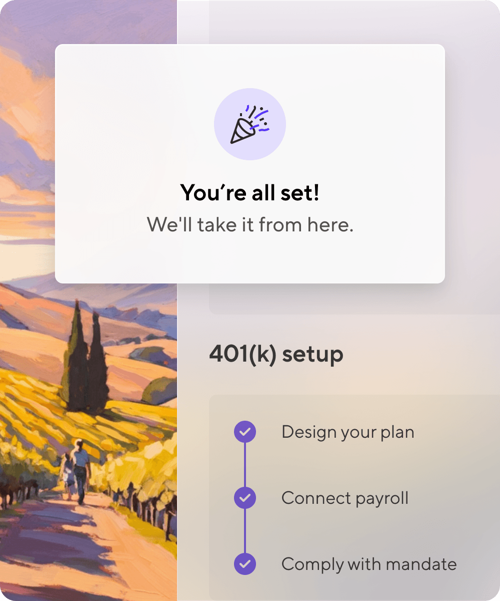 Product screen with a popup that says "You're all set! We'll take it from here."