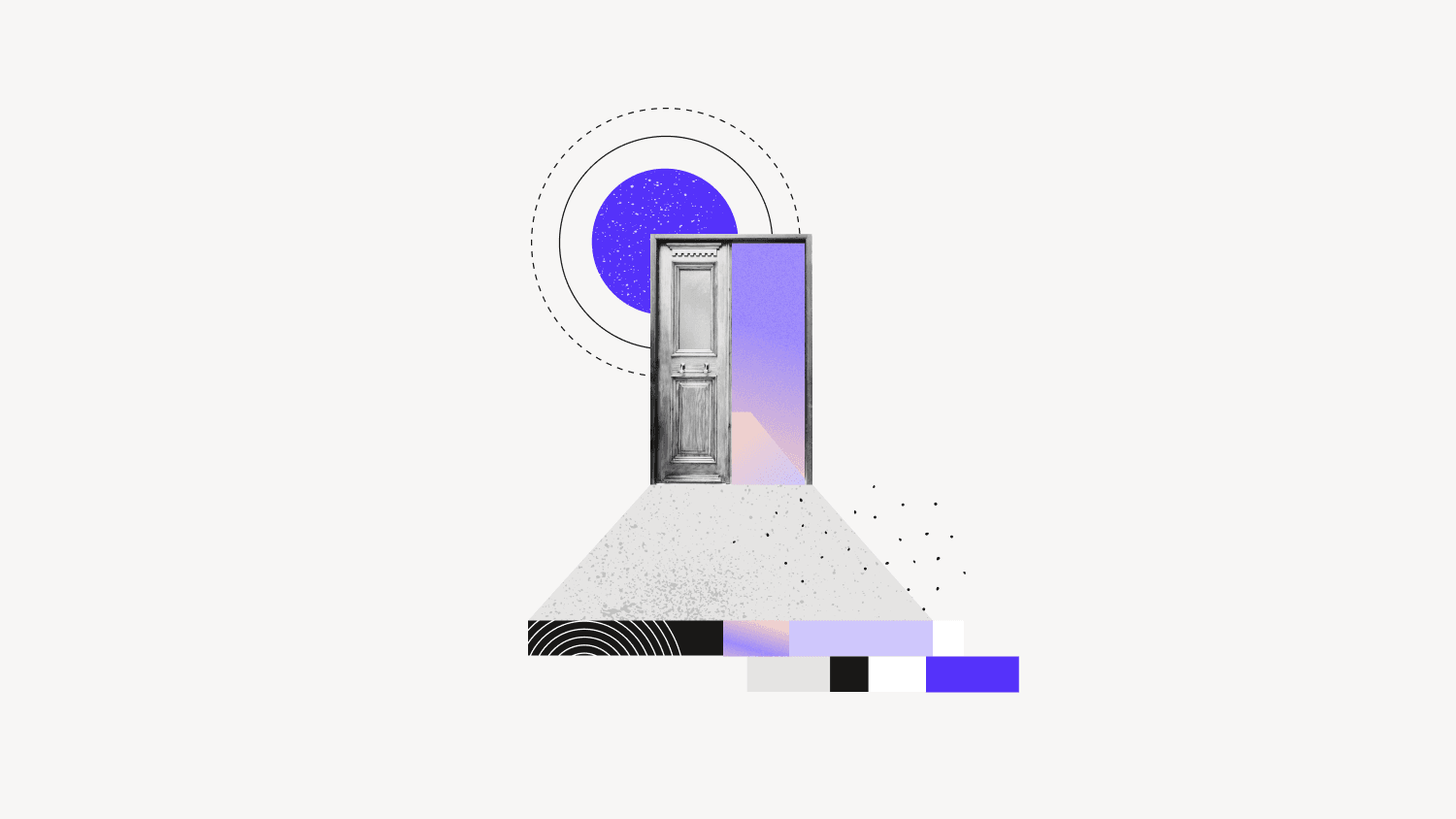 Illustration of open door with purple gradient elements