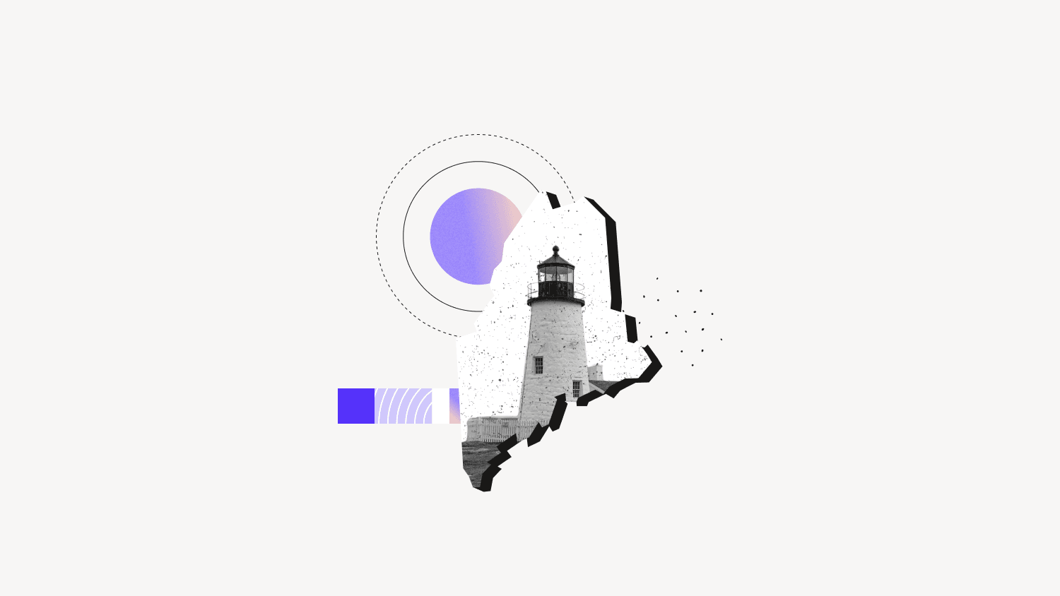 Illustration of the state of Maine featuring a lighthouse and other graphic elements