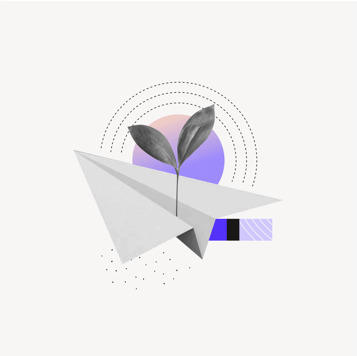 paper airplane with a leaf growing out of it on a white and purple background