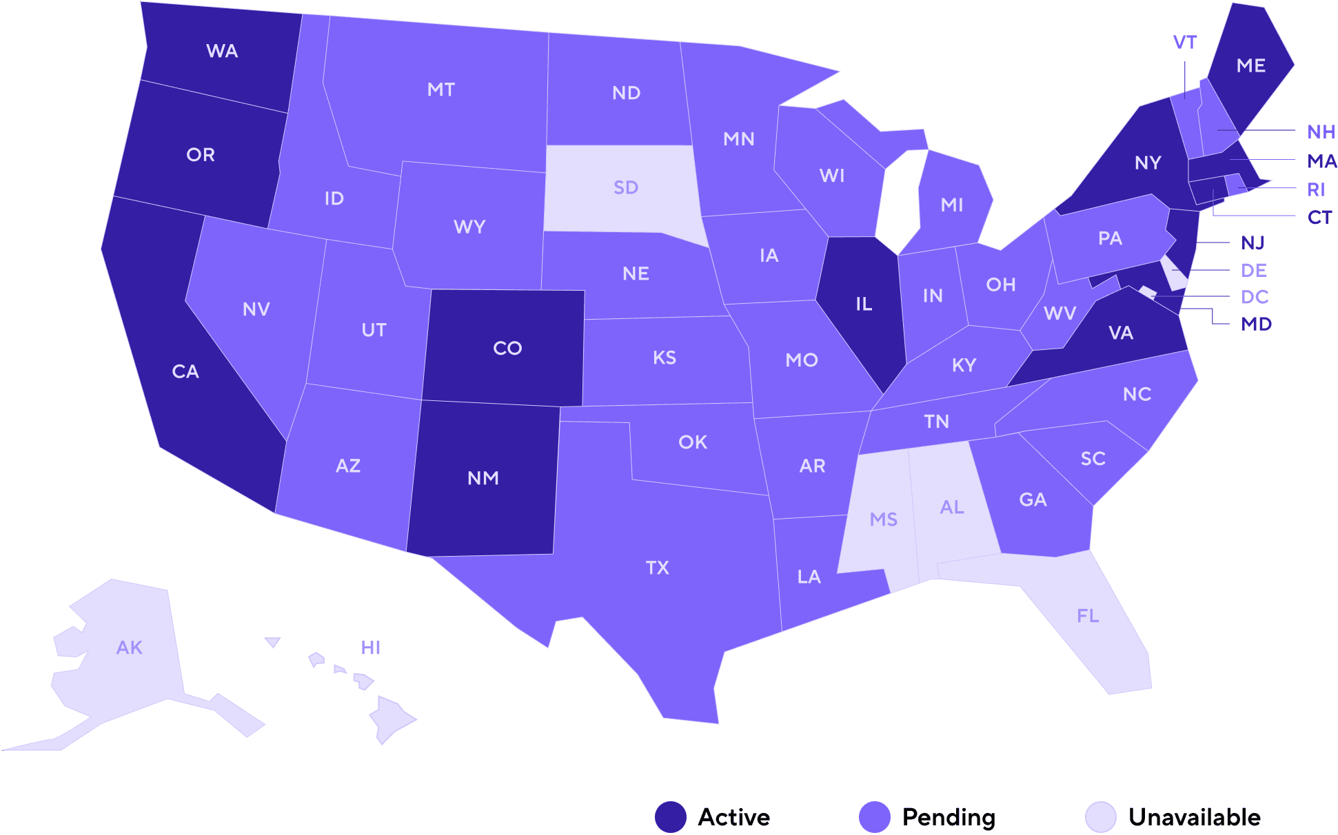 USA map with states filled in different colors based Active, Pending, and Unavailable state mandated for retirement accounts.