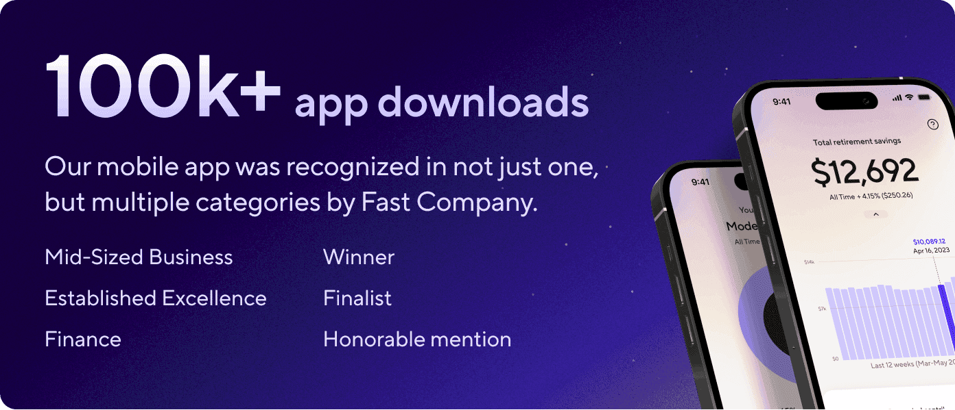 A graphic celebrating Guideline's mobile app achievements in 2024: over 100,000 downloads and recognition in three award categories by Fast Company: Mid-Sized Business - Winner, Established Excellence - Finalist, and Finance - Honorable mention.