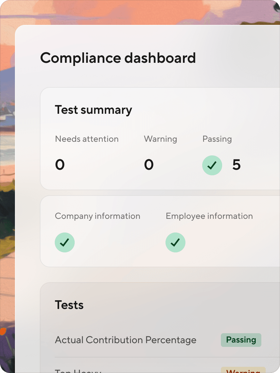 compliance dashboard with 401k compliance test summary