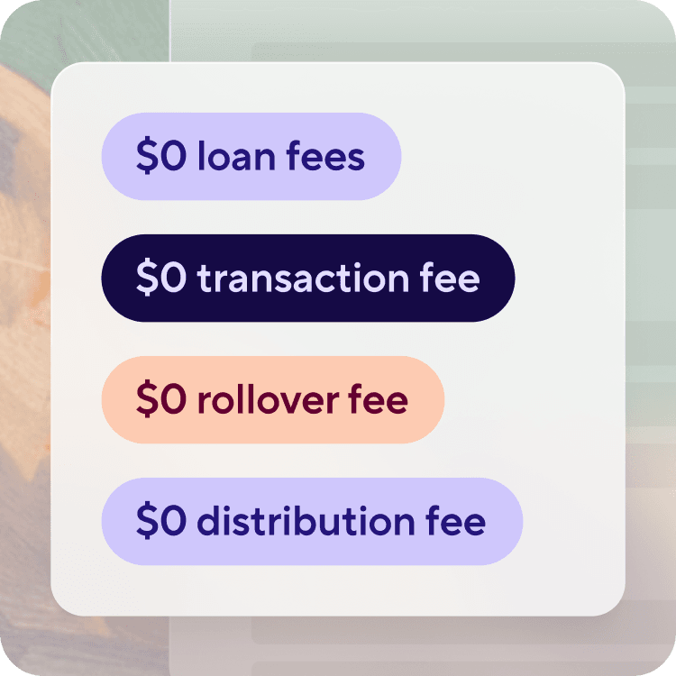 Photo with text: "$0 loan fees, $0 transaction fee, $0 rollover fee, $0 distribution fee"