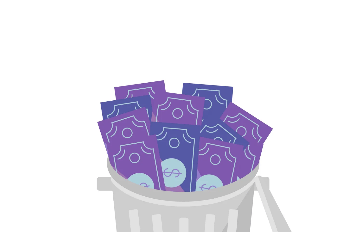 Illustration of cash in garbage can