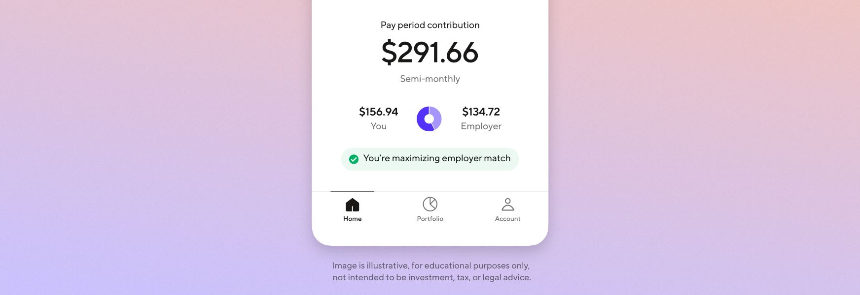 Mobile product screen that shows pay period contribution.